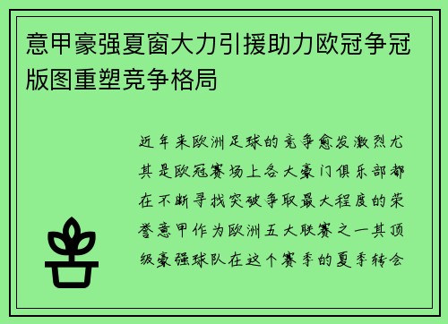 意甲豪强夏窗大力引援助力欧冠争冠版图重塑竞争格局