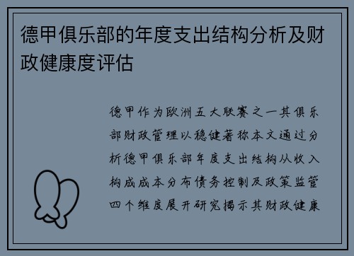 德甲俱乐部的年度支出结构分析及财政健康度评估