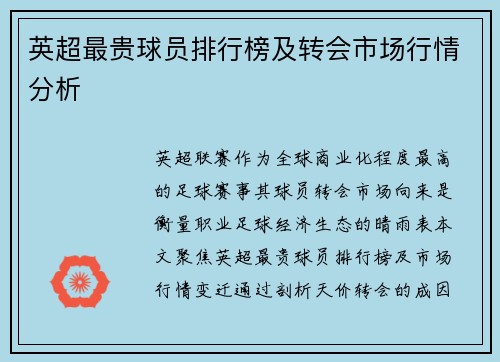 英超最贵球员排行榜及转会市场行情分析