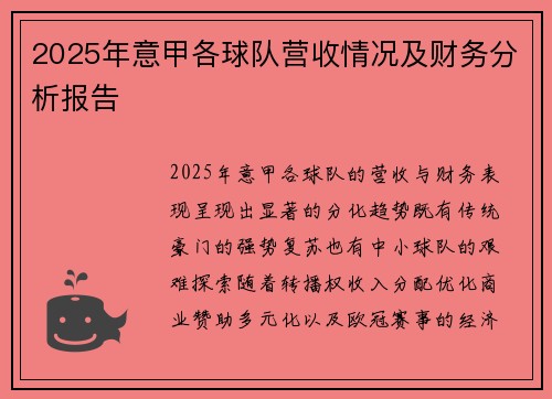 2025年意甲各球队营收情况及财务分析报告